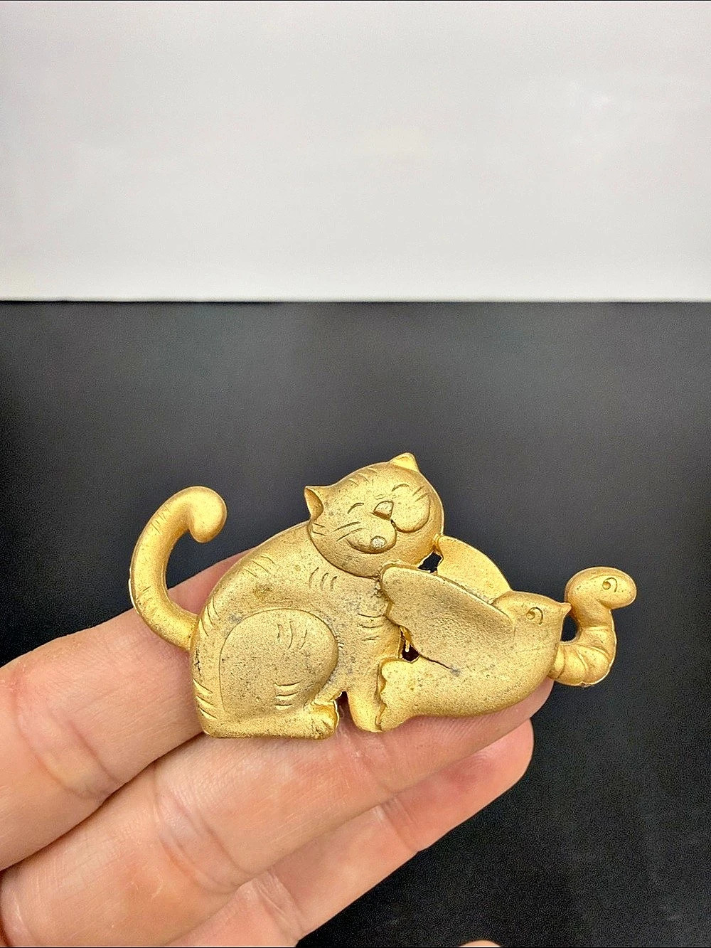 vintage whimsical cat-and-bird brooch